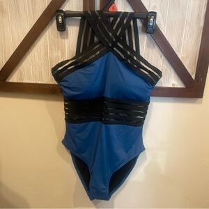 Blue and Black Women's One Piece Swimsuit hilor with peekaboo waste